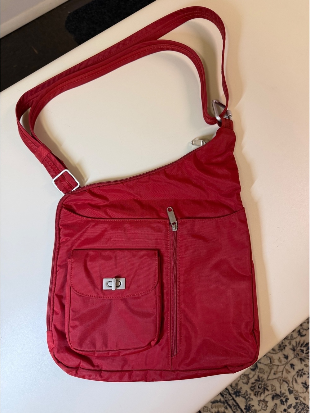 Red Nylon Crossbody Shoulder Bag with Multiple Pockets